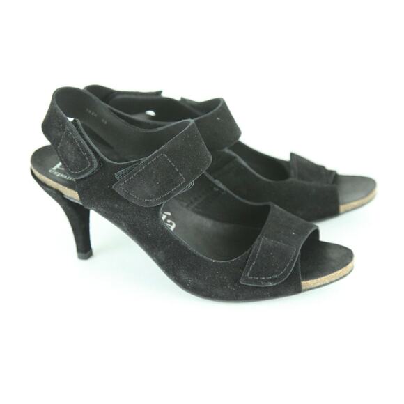 Pedro Garcia 39 9 Heels Black Suede Sandals Peep Toe Y2K Cyber Goth Modern - Picture 1 of 8